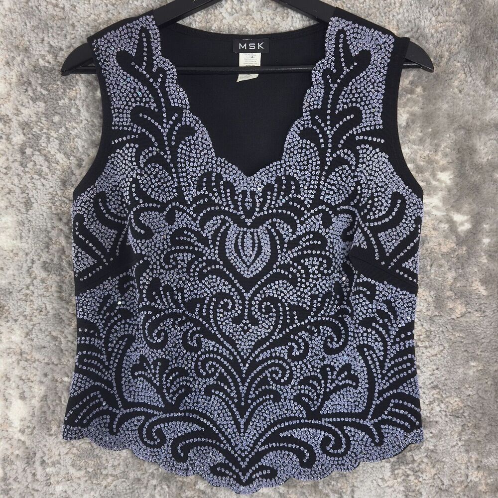 MSK Sz‎ M Beaded Embellished Top Scalloped Sleeveless Holiday Event Blouse